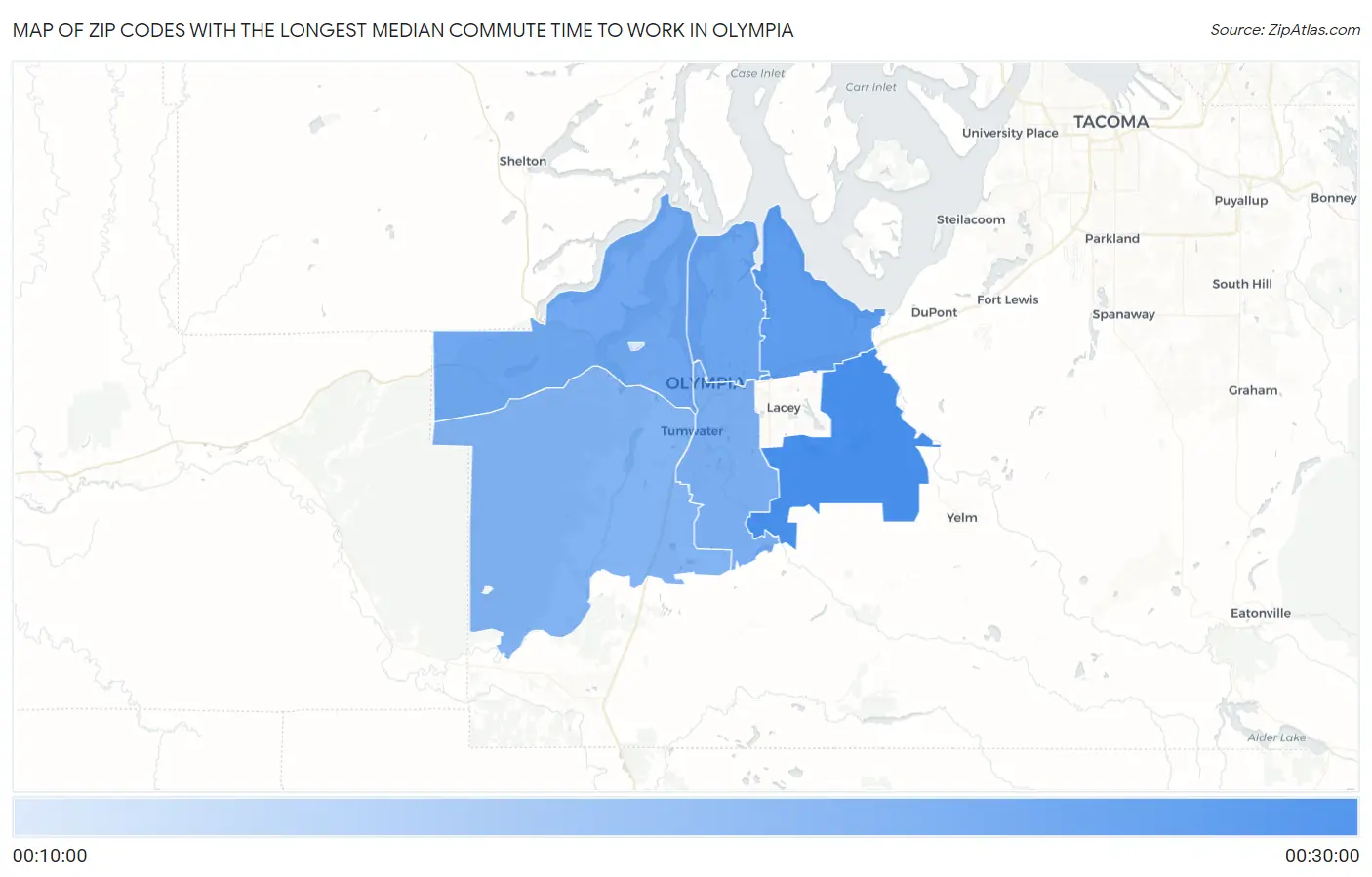 Zip Codes with the Longest Median Commute Time to Work in Olympia Map