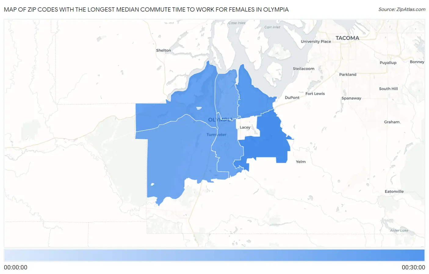 Zip Codes with the Longest Median Commute Time to Work for Females in Olympia Map