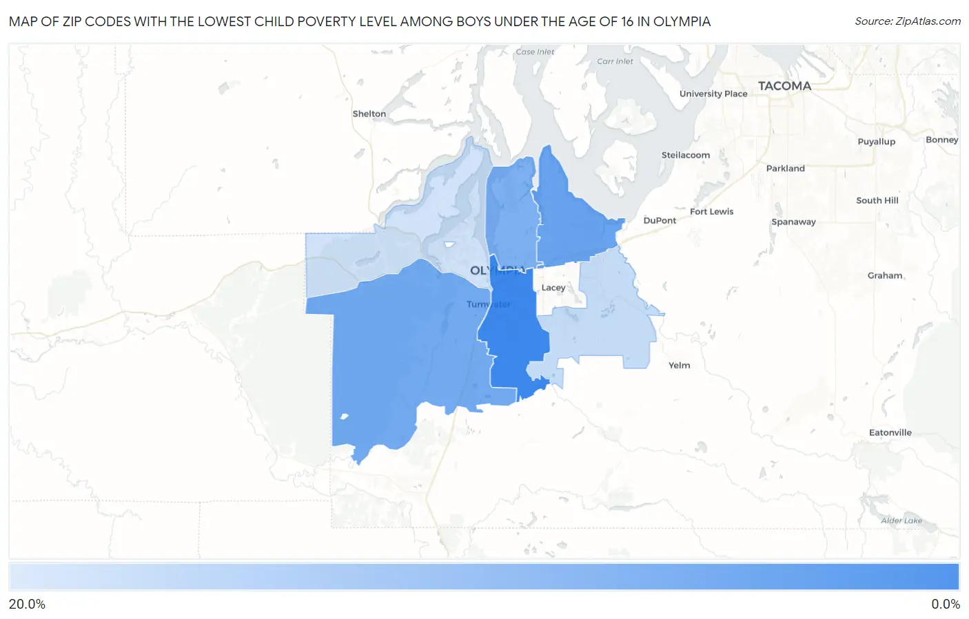 Zip Codes with the Lowest Child Poverty Level Among Boys Under the Age of 16 in Olympia Map