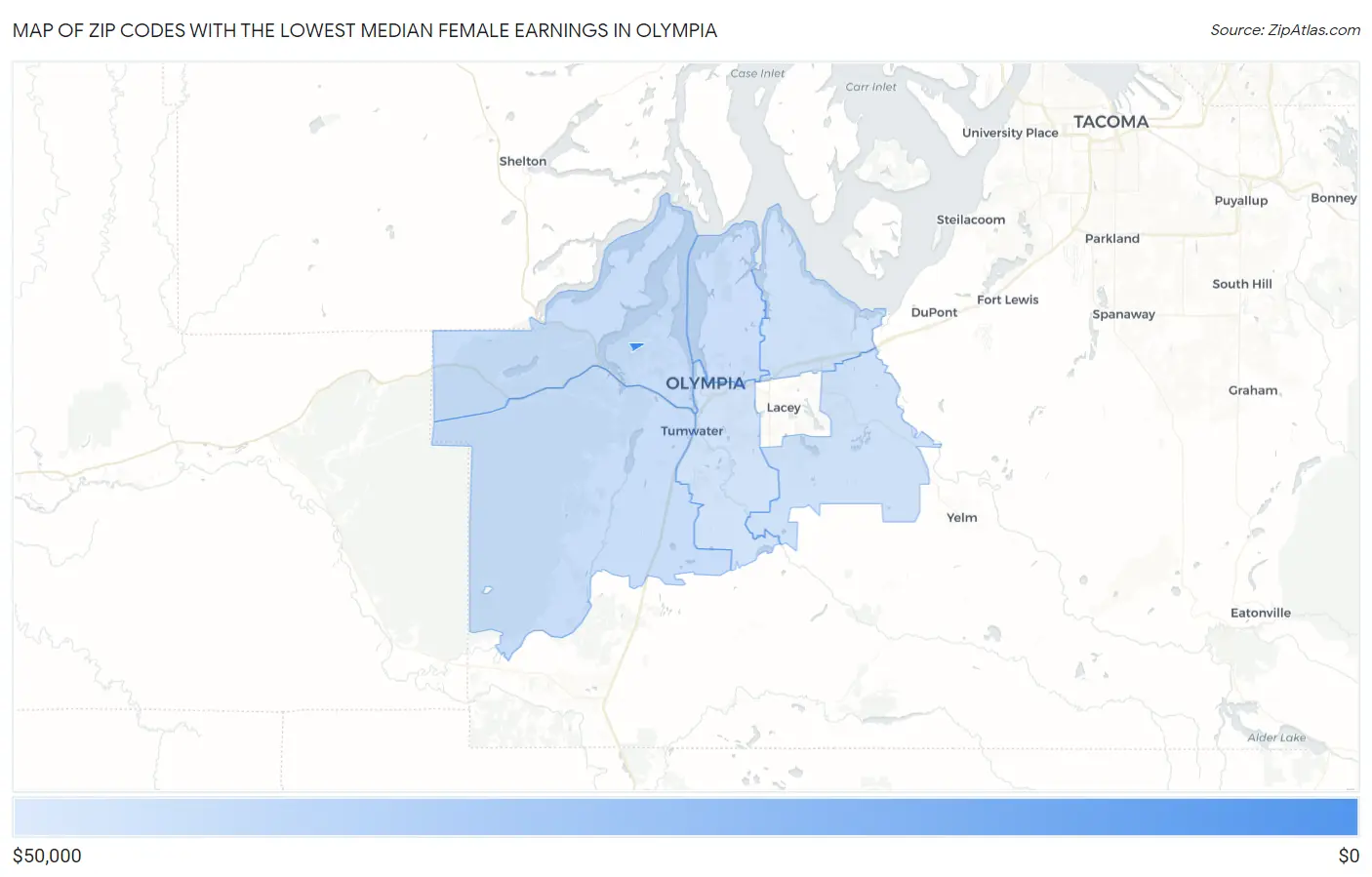 Zip Codes with the Lowest Median Female Earnings in Olympia Map