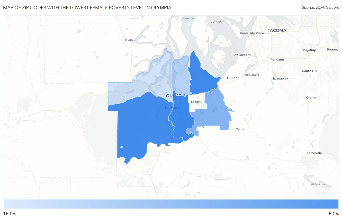 Zip Codes with the Lowest Female Poverty Level in Olympia Map