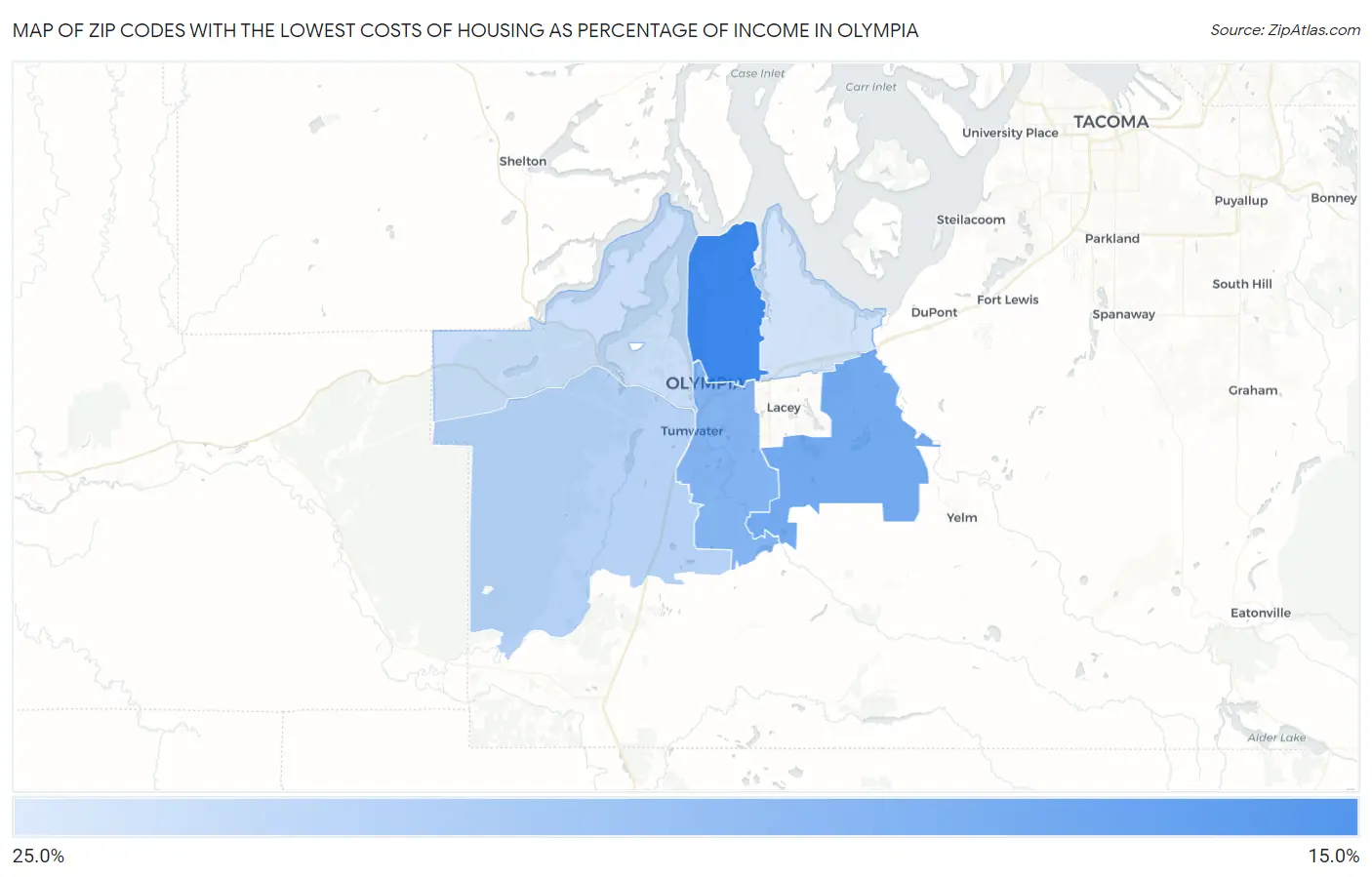 Zip Codes with the Lowest Costs of Housing as Percentage of Income in Olympia Map