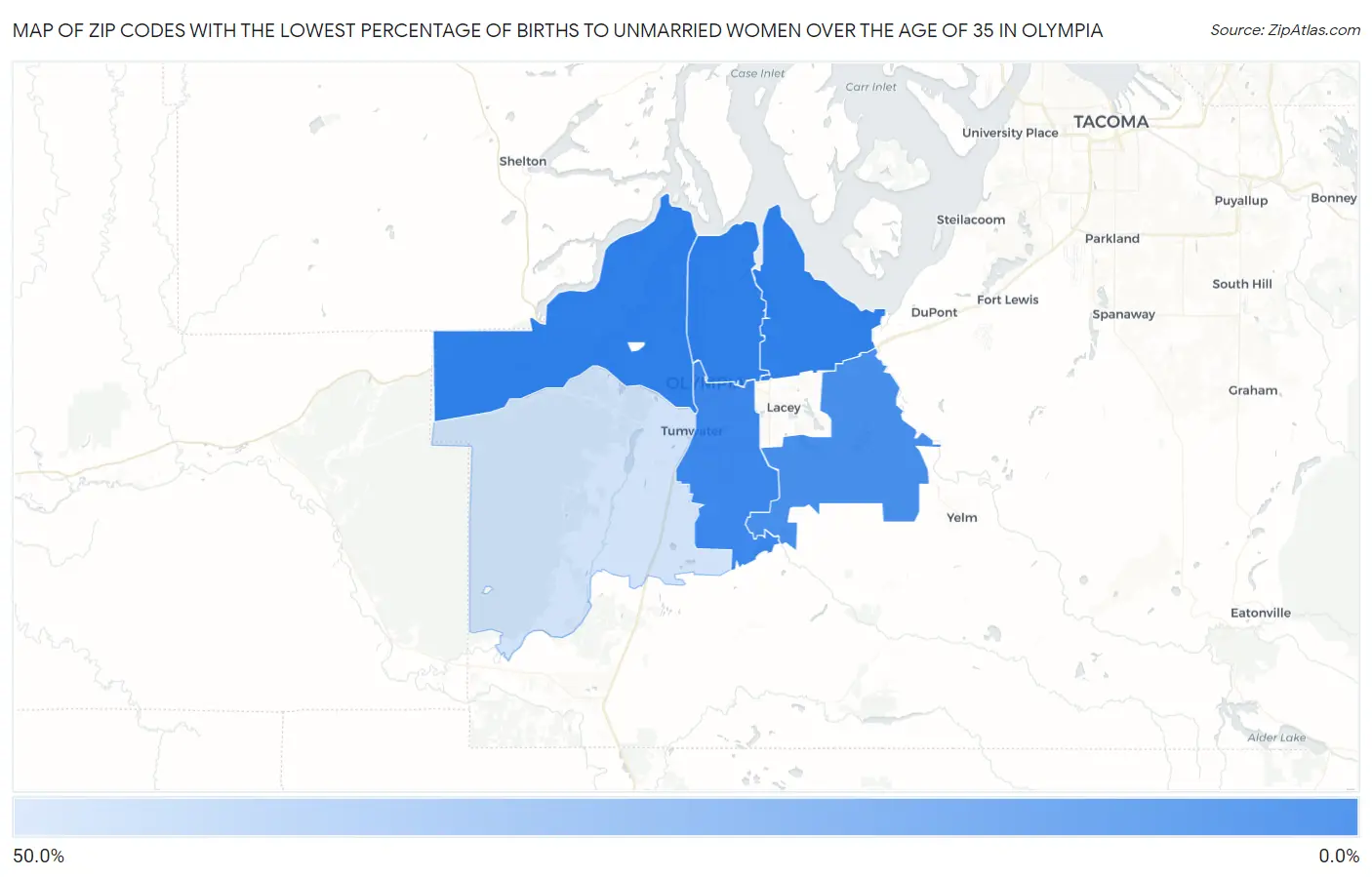 Zip Codes with the Lowest Percentage of Births to Unmarried Women over the Age of 35 in Olympia Map