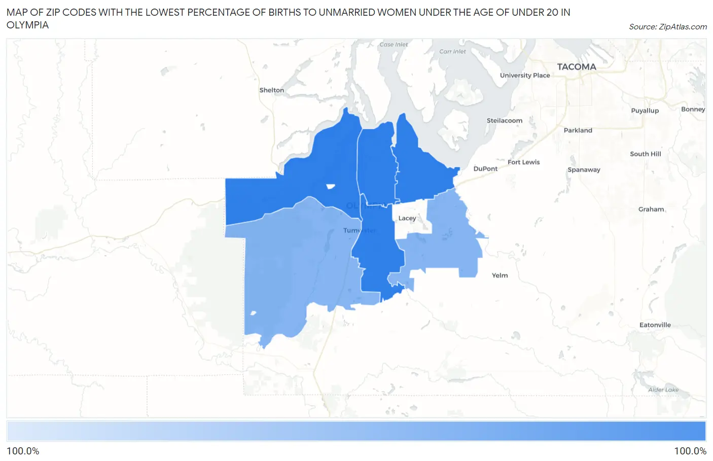 Zip Codes with the Lowest Percentage of Births to Unmarried Women under the Age of under 20 in Olympia Map