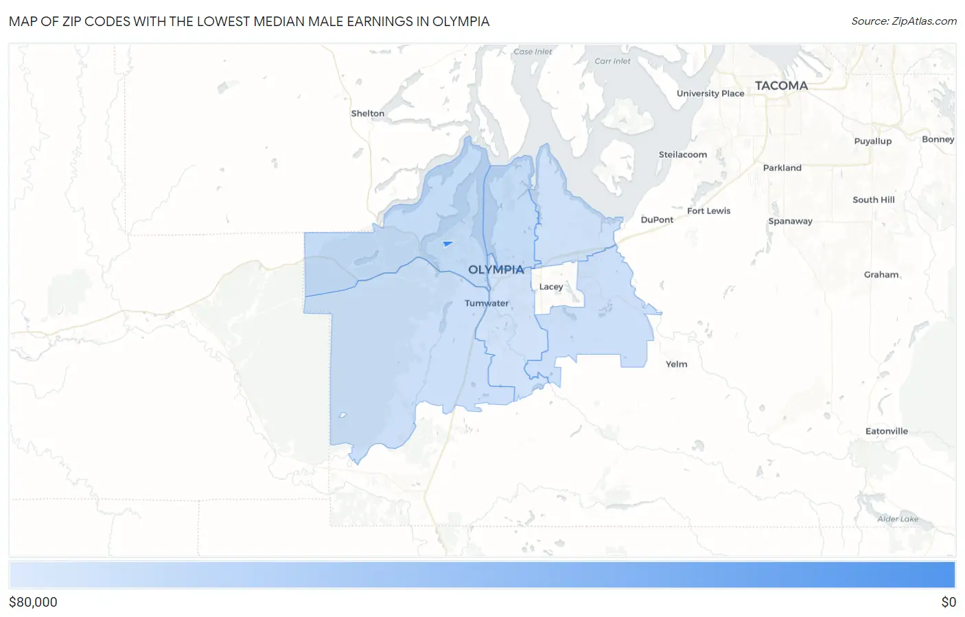 Zip Codes with the Lowest Median Male Earnings in Olympia Map