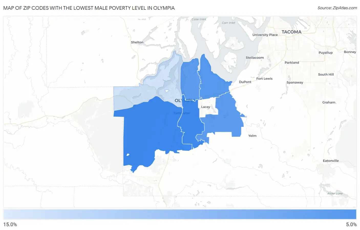 Zip Codes with the Lowest Male Poverty Level in Olympia Map