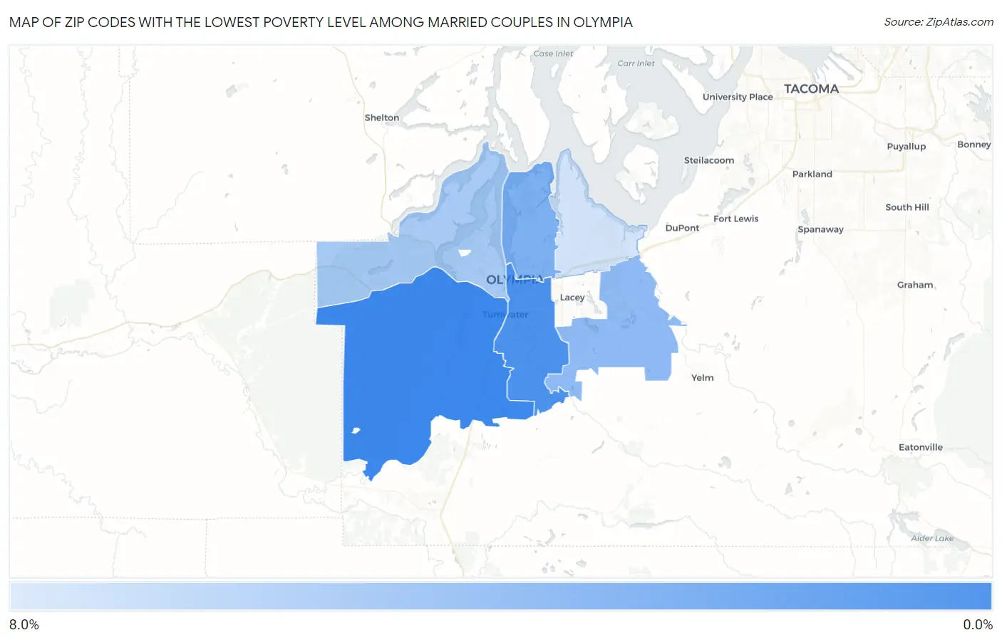 Zip Codes with the Lowest Poverty Level Among Married Couples in Olympia Map