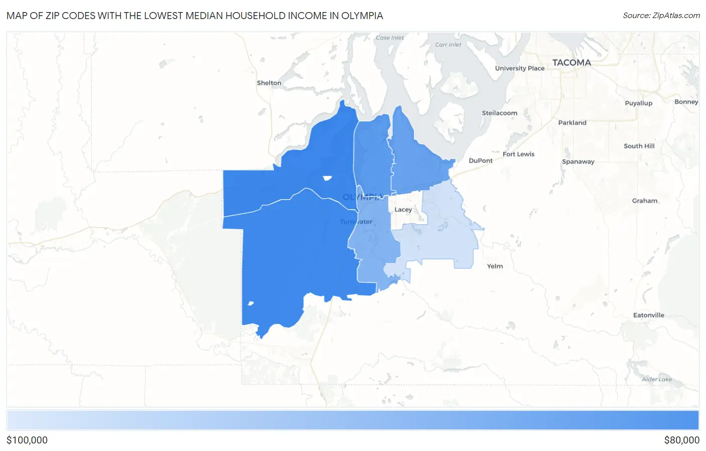 Zip Codes with the Lowest Median Household Income in Olympia Map