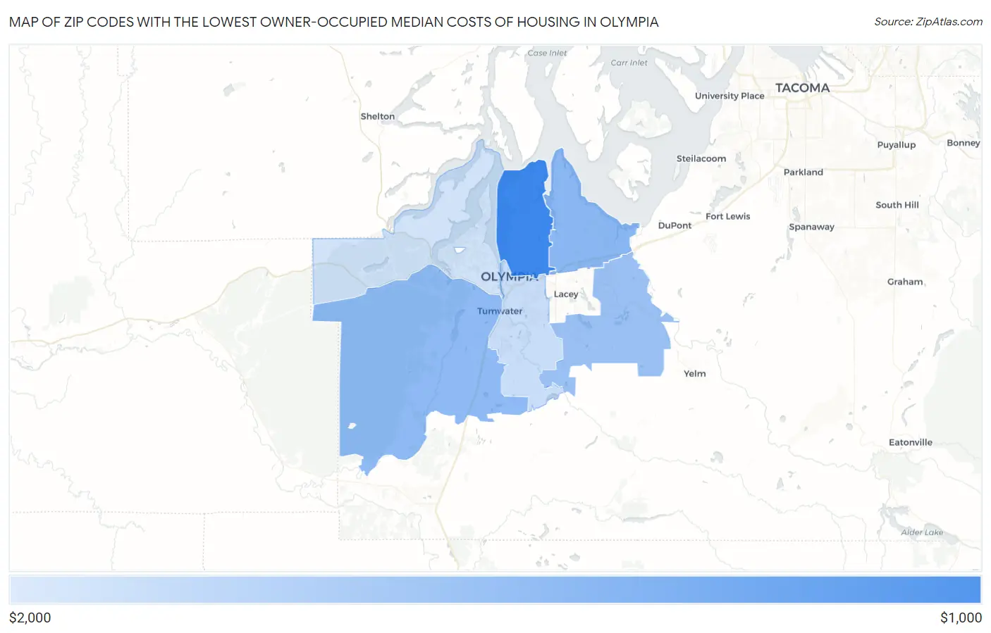 Zip Codes with the Lowest Owner-Occupied Median Costs of Housing in Olympia Map