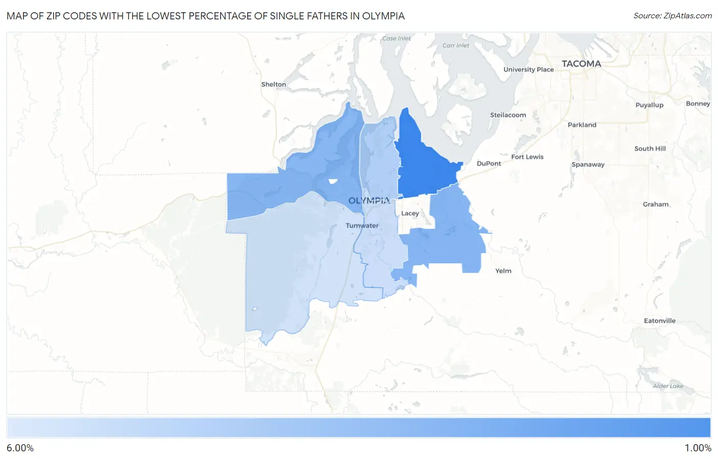 Zip Codes with the Lowest Percentage of Single Fathers in Olympia Map