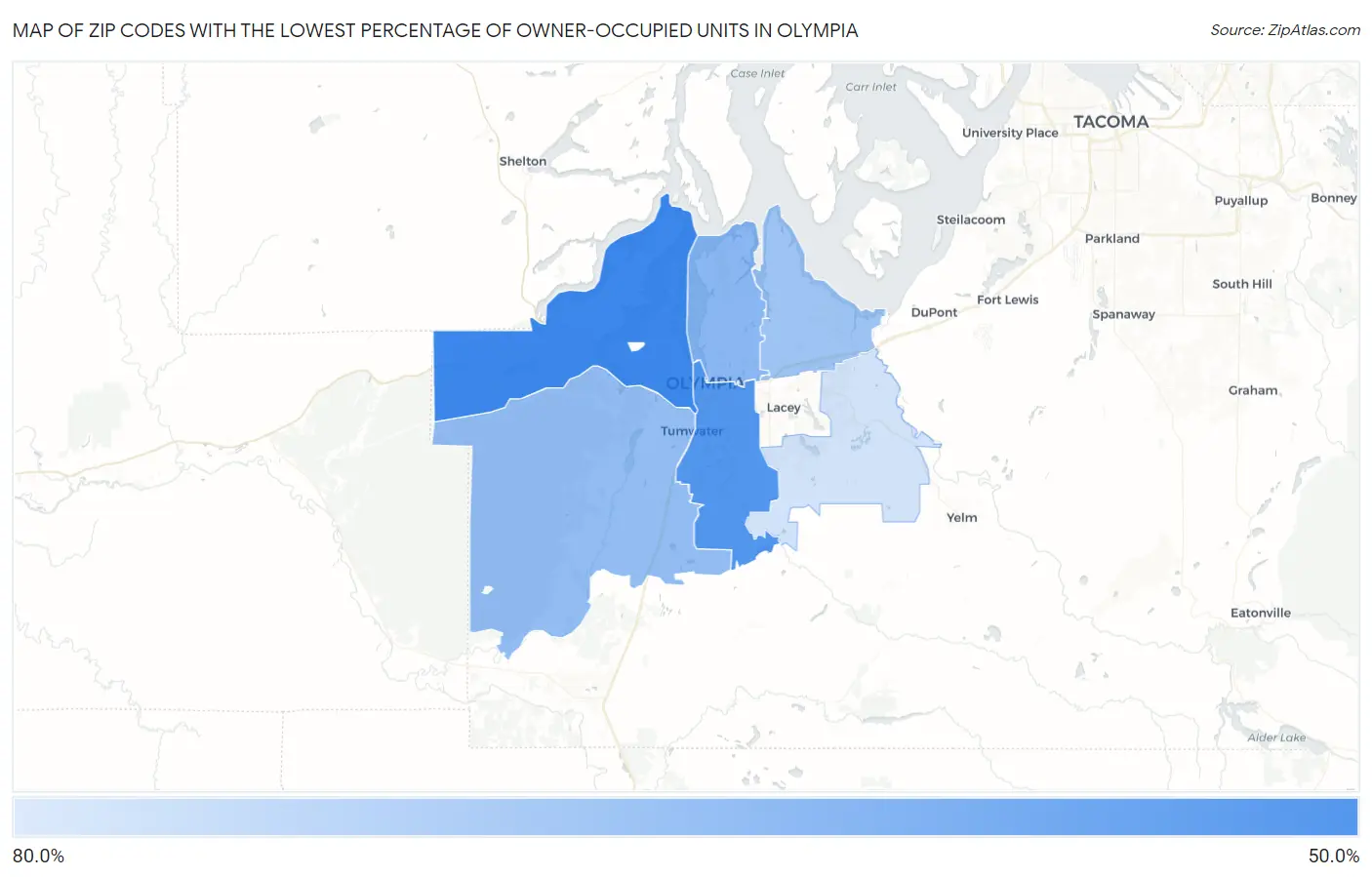 Zip Codes with the Lowest Percentage of Owner-Occupied Units in Olympia Map