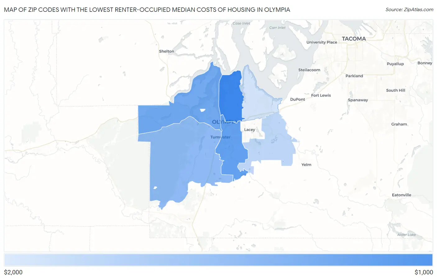 Zip Codes with the Lowest Renter-Occupied Median Costs of Housing in Olympia Map