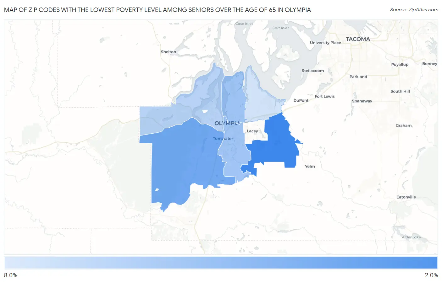 Zip Codes with the Lowest Poverty Level Among Seniors Over the Age of 65 in Olympia Map
