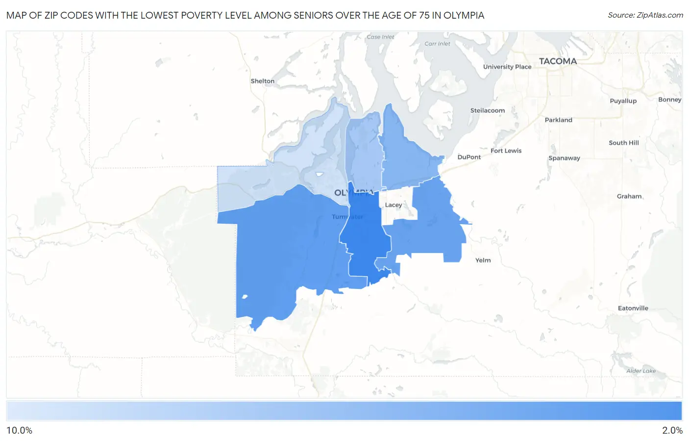 Zip Codes with the Lowest Poverty Level Among Seniors Over the Age of 75 in Olympia Map
