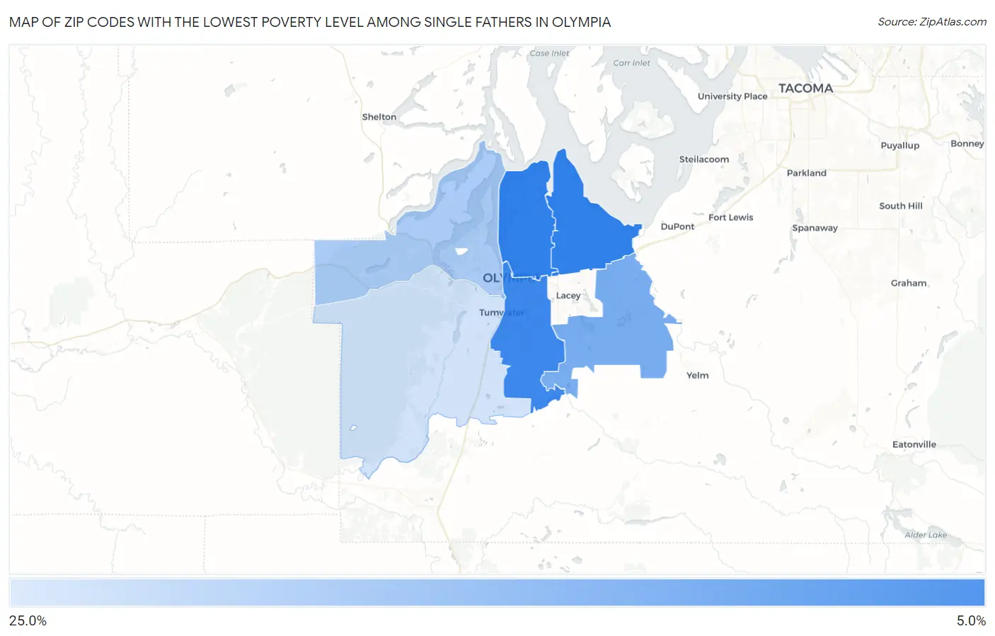 Zip Codes with the Lowest Poverty Level Among Single Fathers in Olympia Map