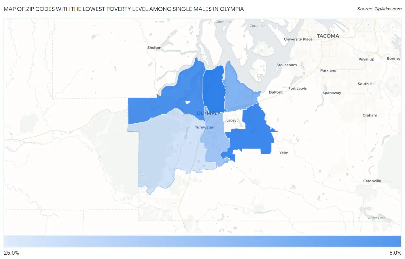 Zip Codes with the Lowest Poverty Level Among Single Males in Olympia Map