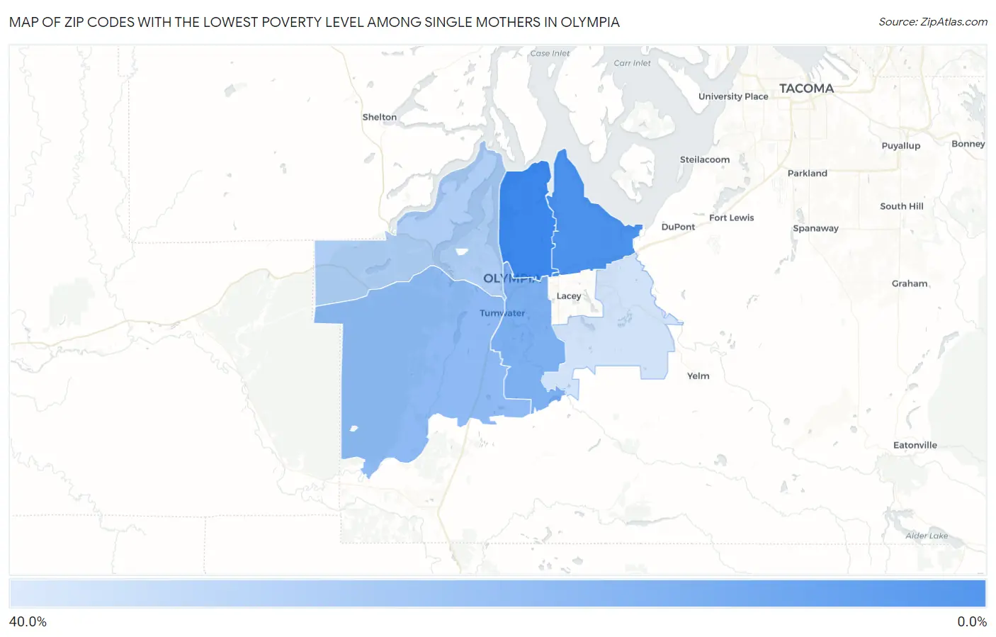 Zip Codes with the Lowest Poverty Level Among Single Mothers in Olympia Map