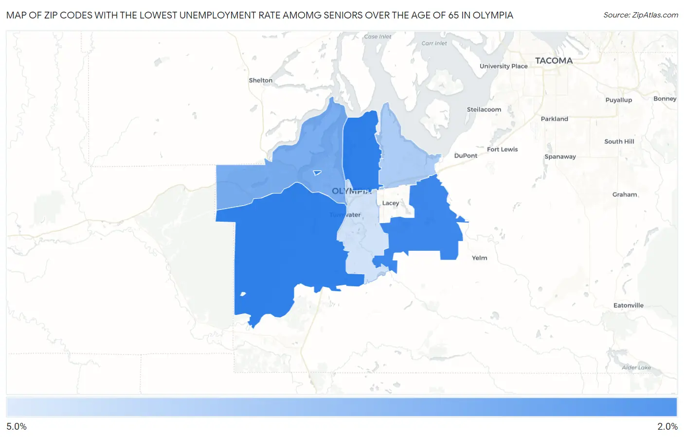 Zip Codes with the Lowest Unemployment Rate Amomg Seniors Over the Age of 65 in Olympia Map