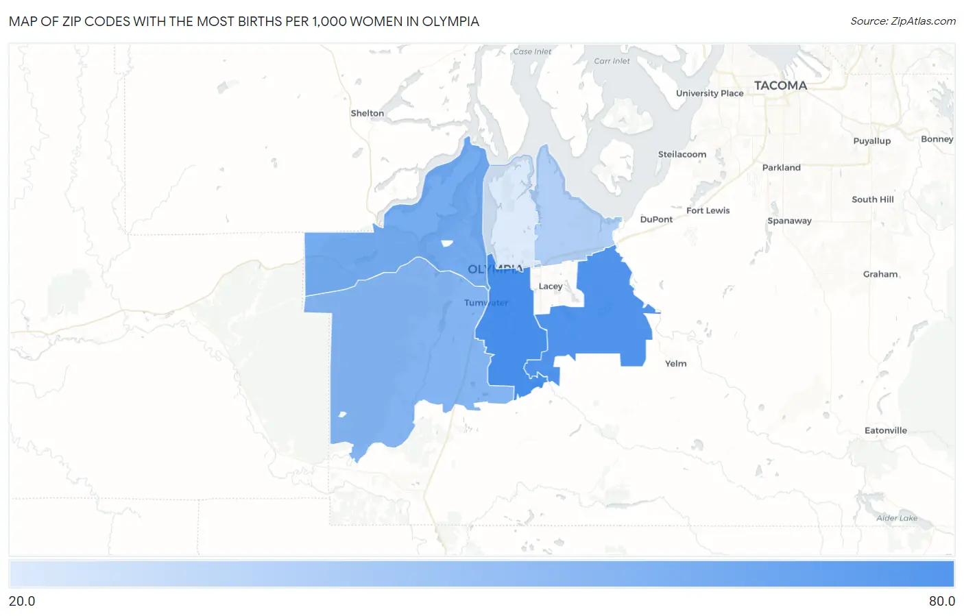 Zip Codes with the Most Births per 1,000 Women in Olympia Map