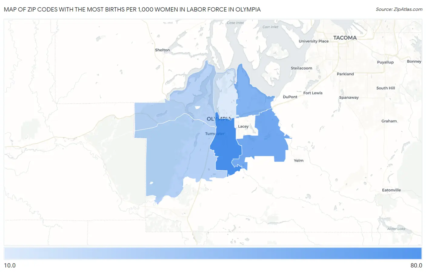 Zip Codes with the Most Births per 1,000 Women in Labor Force in Olympia Map