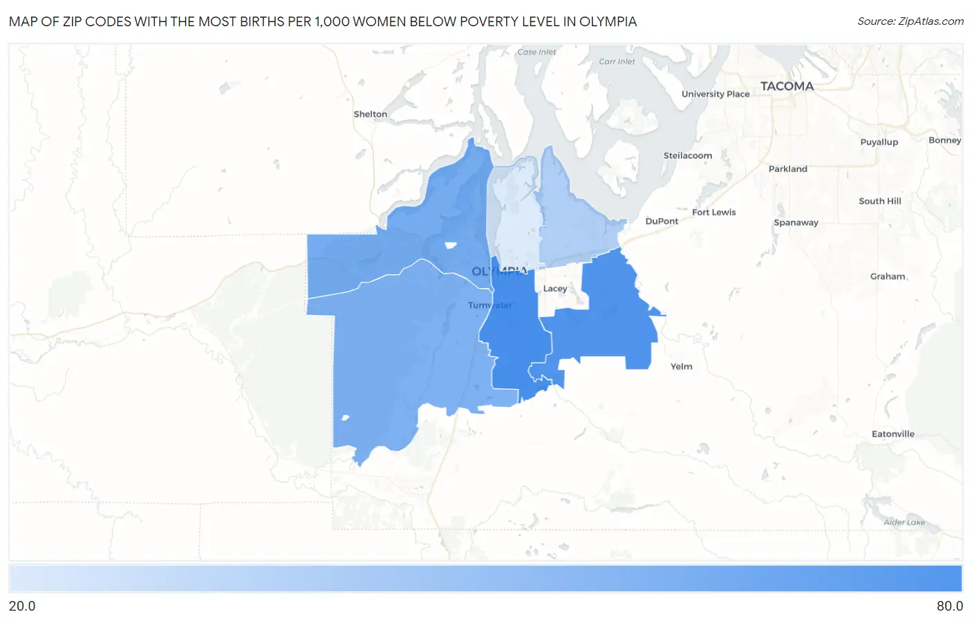 Zip Codes with the Most Births per 1,000 Women Below Poverty Level in Olympia Map