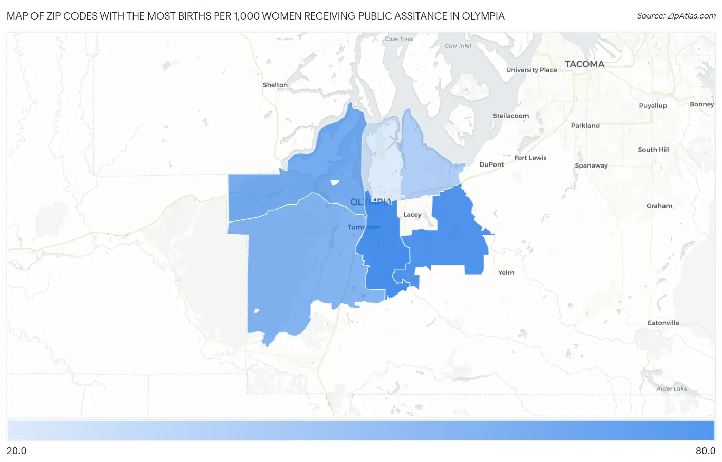 Zip Codes with the Most Births per 1,000 Women Receiving Public Assitance in Olympia Map