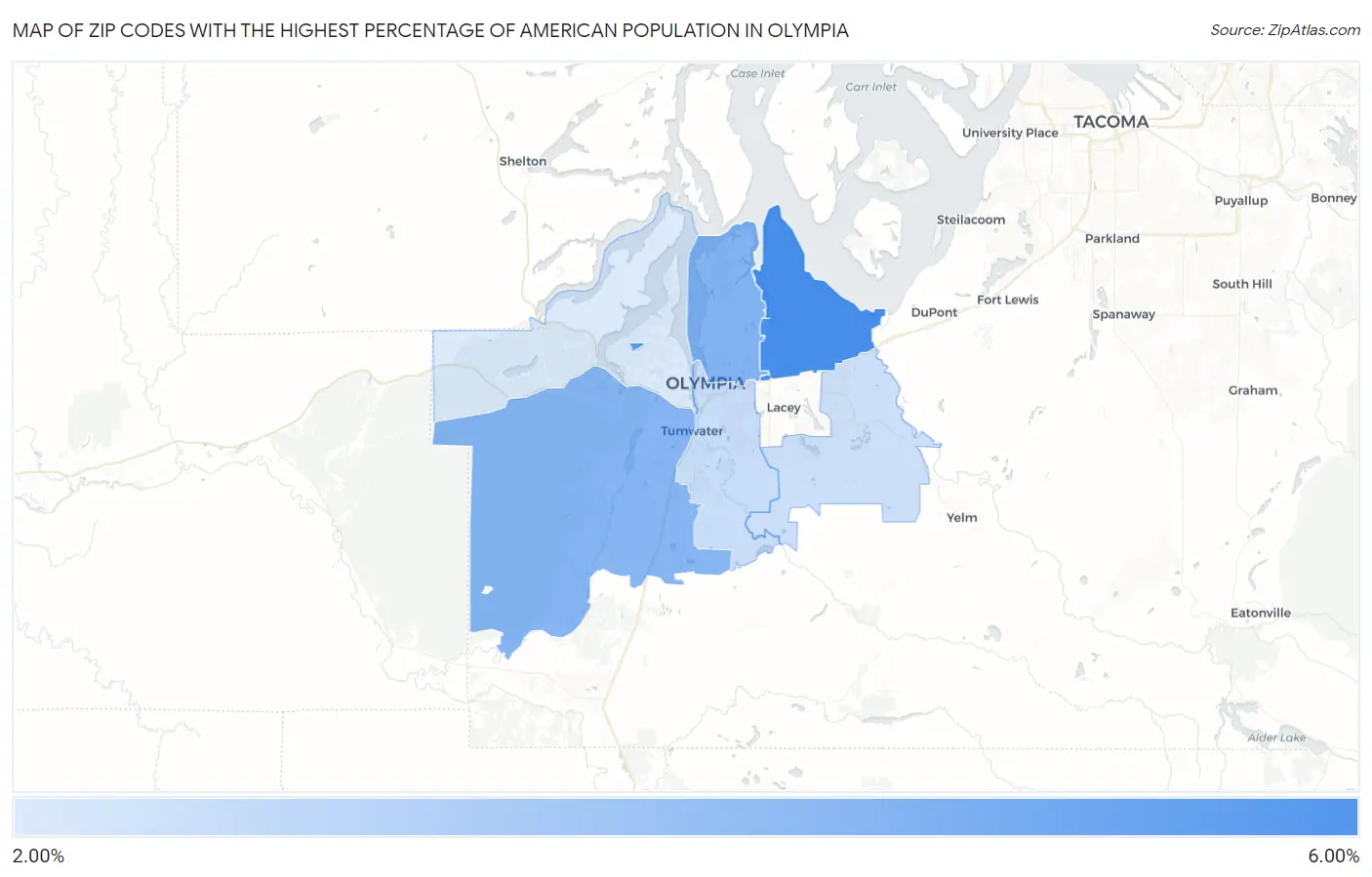 Zip Codes with the Highest Percentage of American Population in Olympia Map