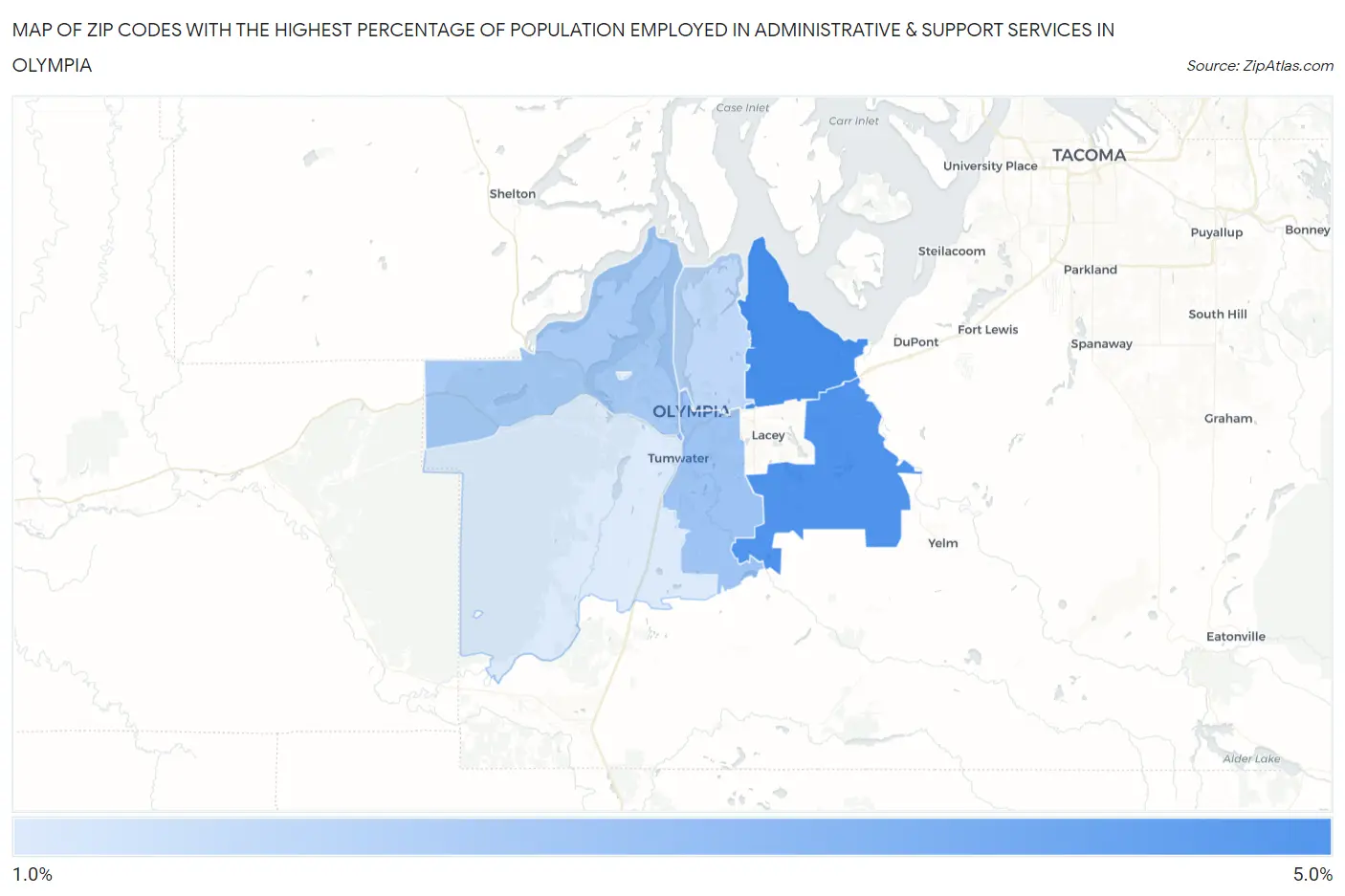 Zip Codes with the Highest Percentage of Population Employed in Administrative & Support Services in Olympia Map
