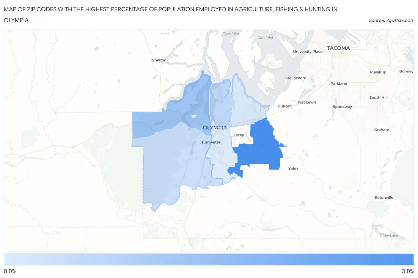Zip Codes with the Highest Percentage of Population Employed in Agriculture, Fishing & Hunting in Olympia Map