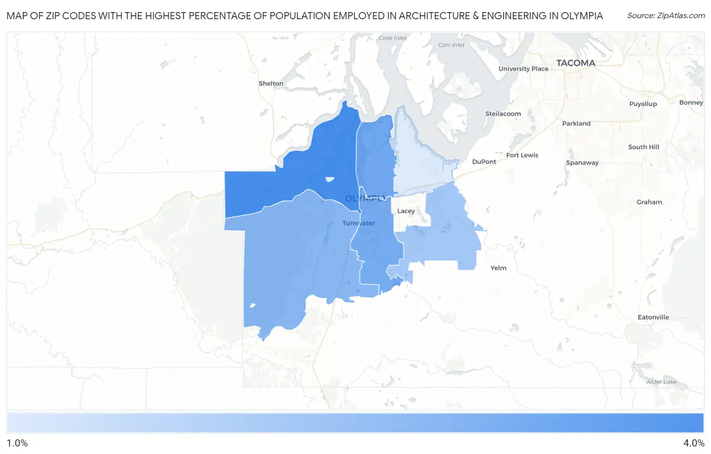 Zip Codes with the Highest Percentage of Population Employed in Architecture & Engineering in Olympia Map