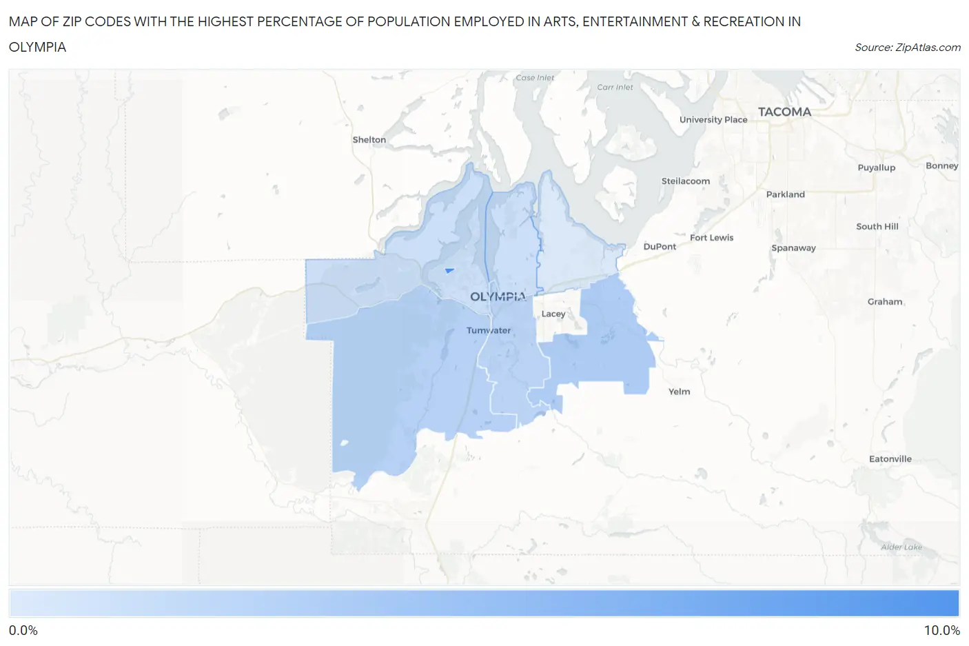 Zip Codes with the Highest Percentage of Population Employed in Arts, Entertainment & Recreation in Olympia Map