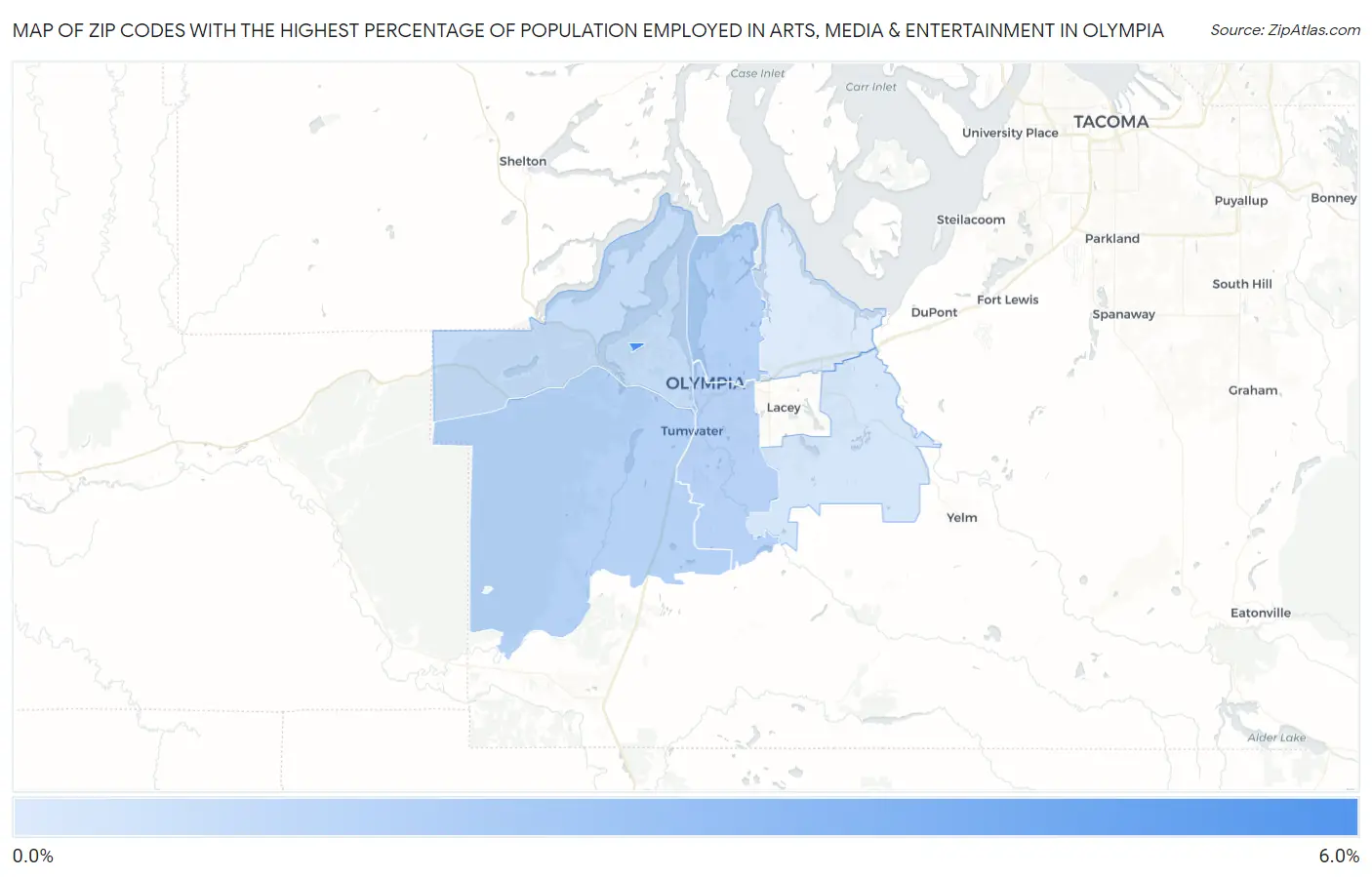 Zip Codes with the Highest Percentage of Population Employed in Arts, Media & Entertainment in Olympia Map
