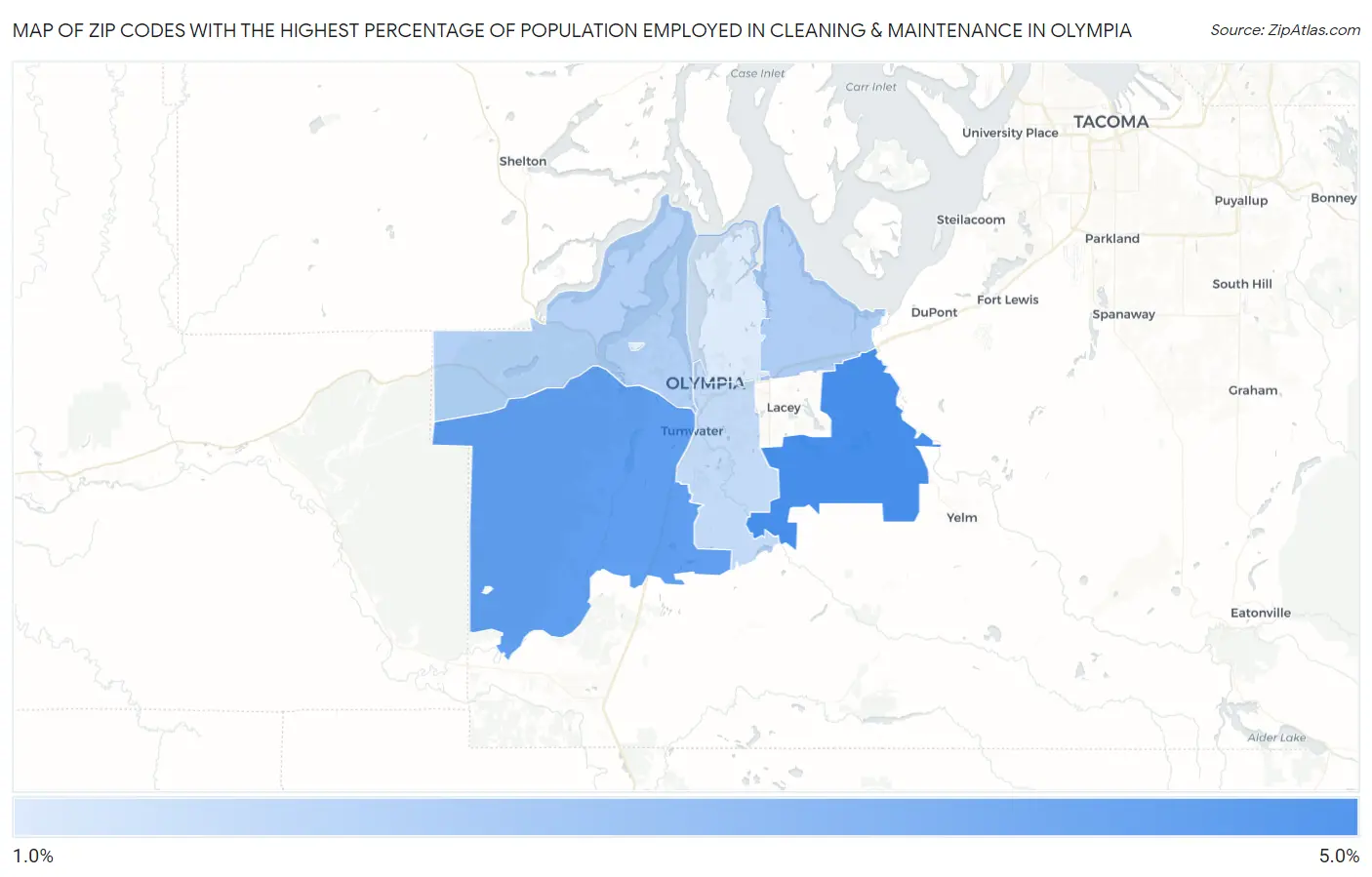 Zip Codes with the Highest Percentage of Population Employed in Cleaning & Maintenance in Olympia Map