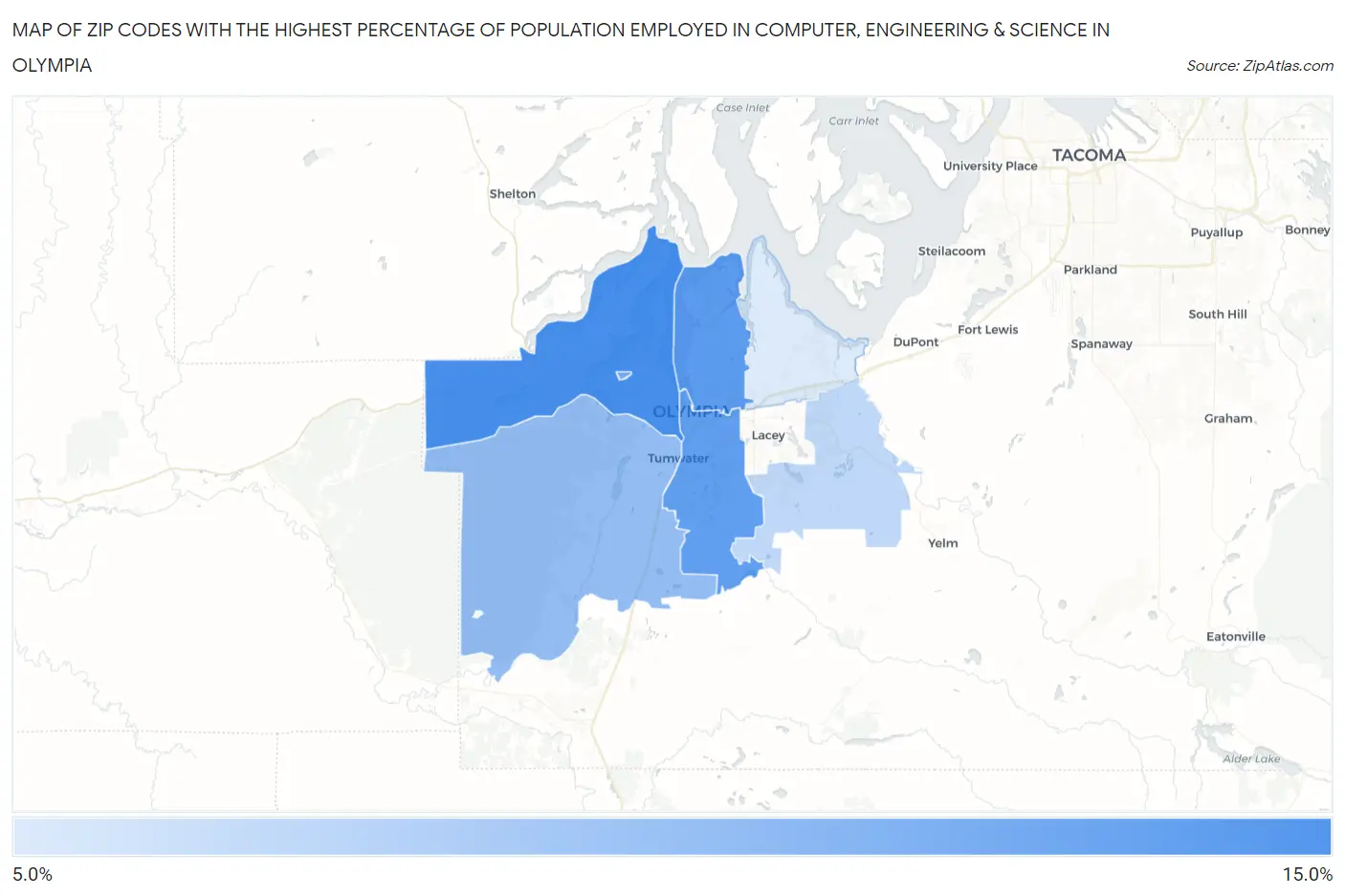 Zip Codes with the Highest Percentage of Population Employed in Computer, Engineering & Science in Olympia Map