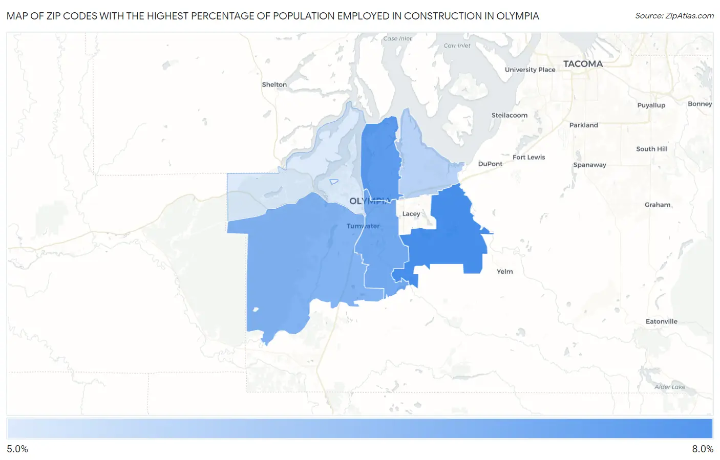 Zip Codes with the Highest Percentage of Population Employed in Construction in Olympia Map