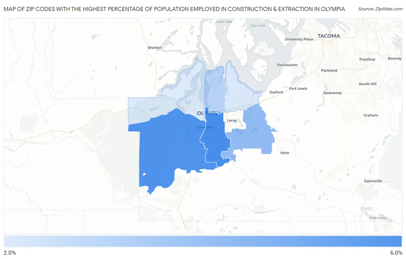 Zip Codes with the Highest Percentage of Population Employed in Construction & Extraction in Olympia Map
