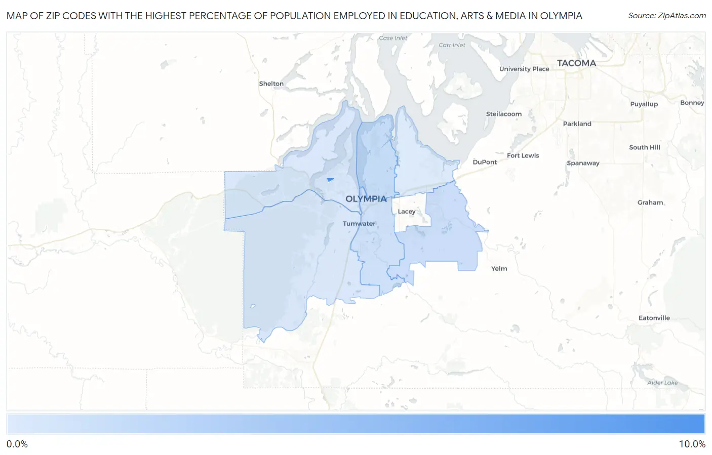 Zip Codes with the Highest Percentage of Population Employed in Education, Arts & Media in Olympia Map