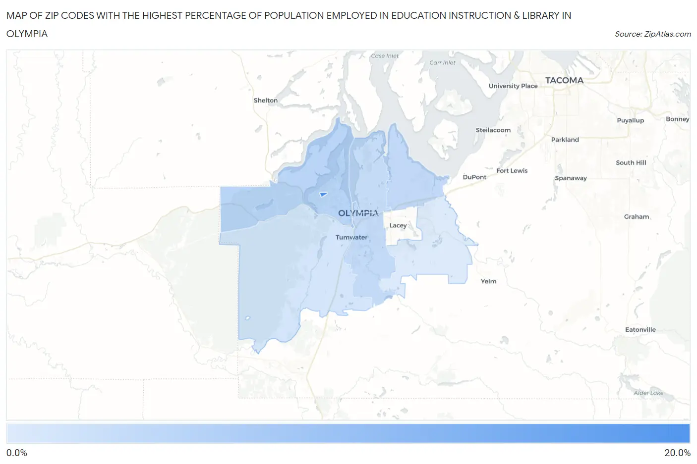 Zip Codes with the Highest Percentage of Population Employed in Education Instruction & Library in Olympia Map