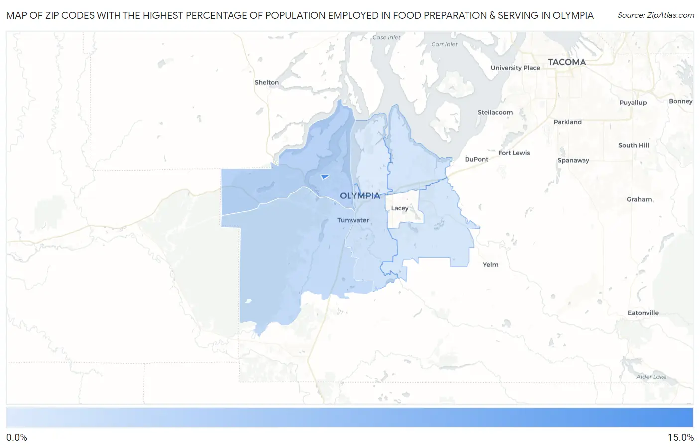 Zip Codes with the Highest Percentage of Population Employed in Food Preparation & Serving in Olympia Map