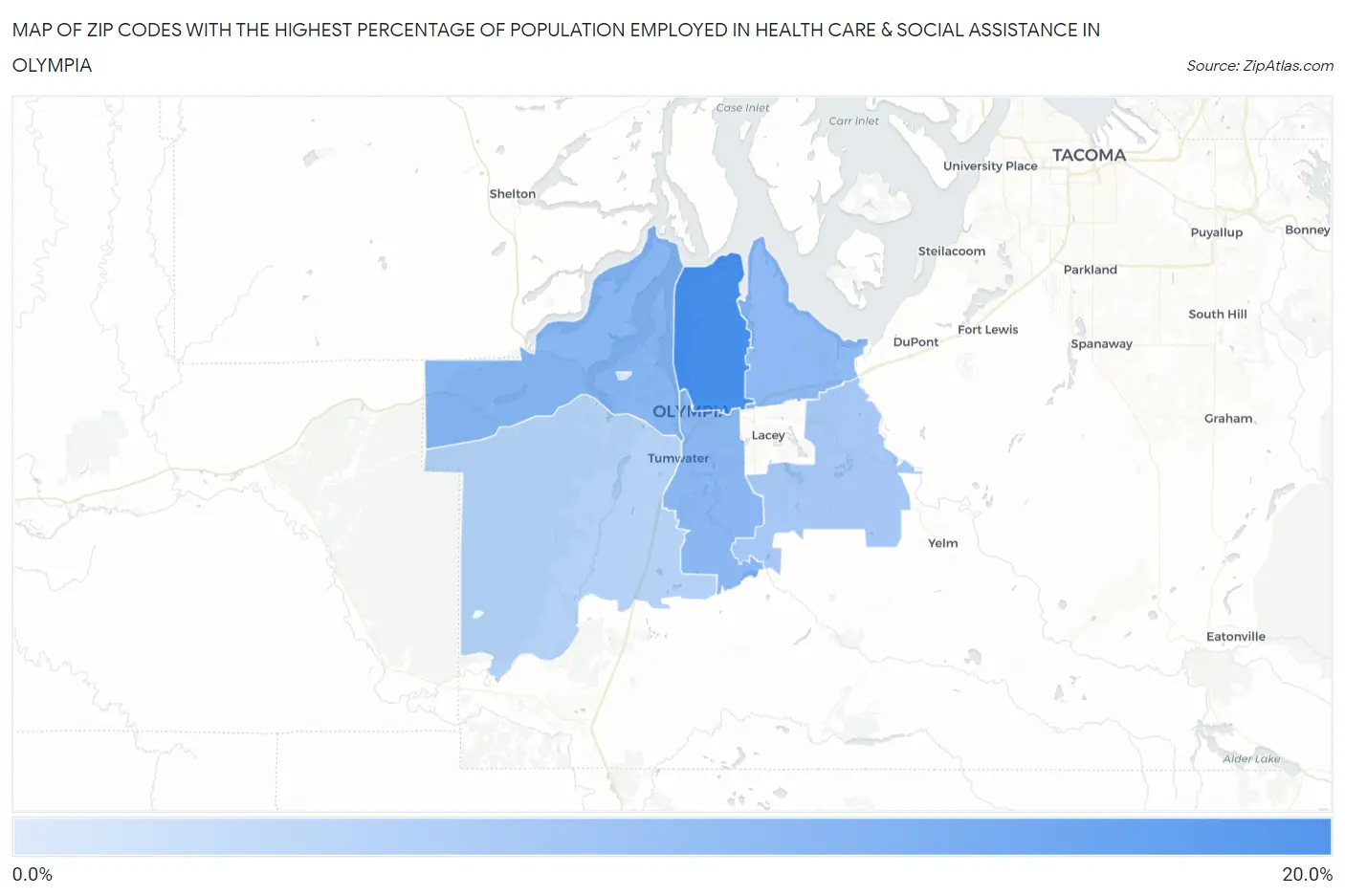Zip Codes with the Highest Percentage of Population Employed in Health Care & Social Assistance in Olympia Map
