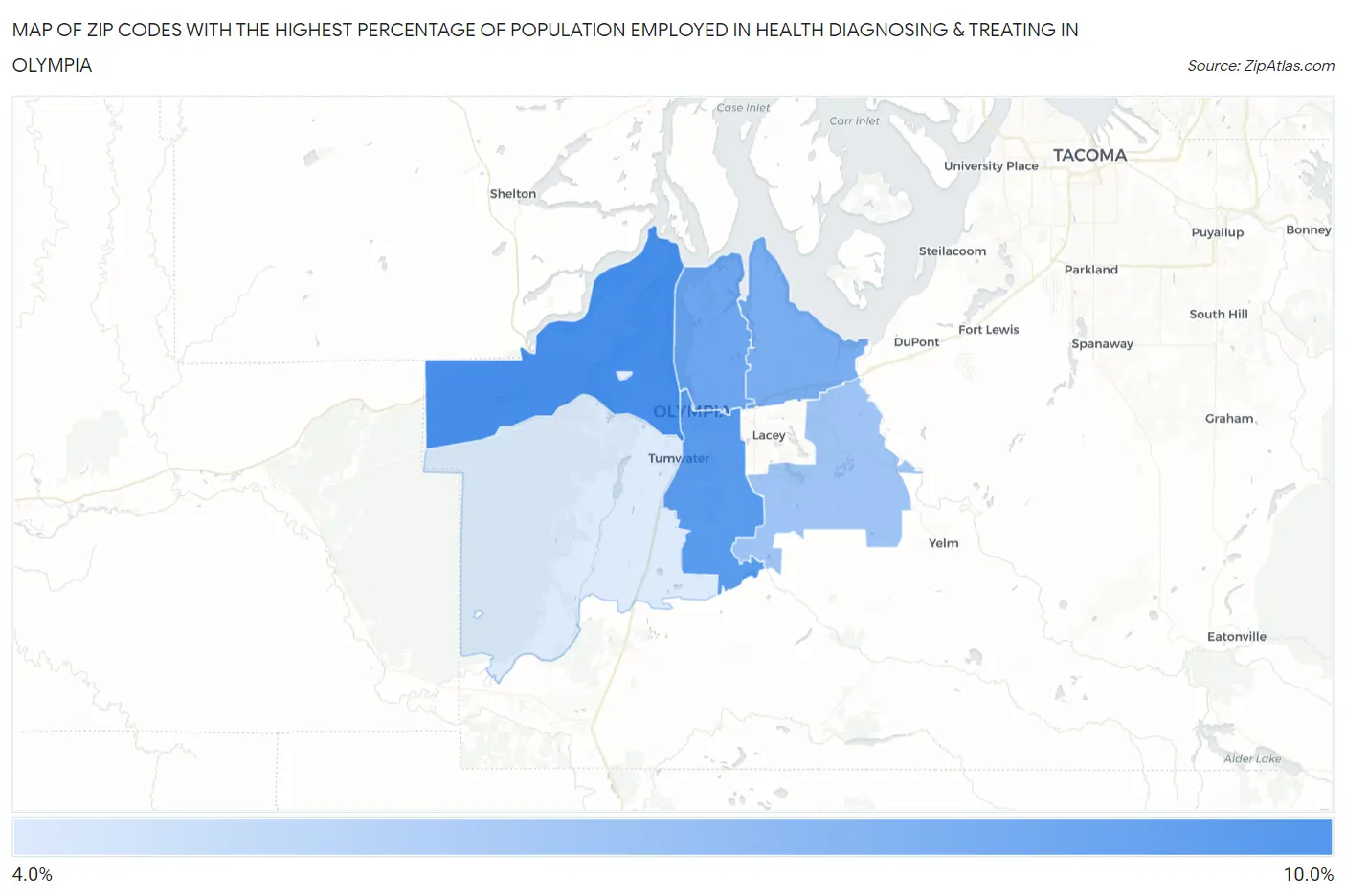 Zip Codes with the Highest Percentage of Population Employed in Health Diagnosing & Treating in Olympia Map