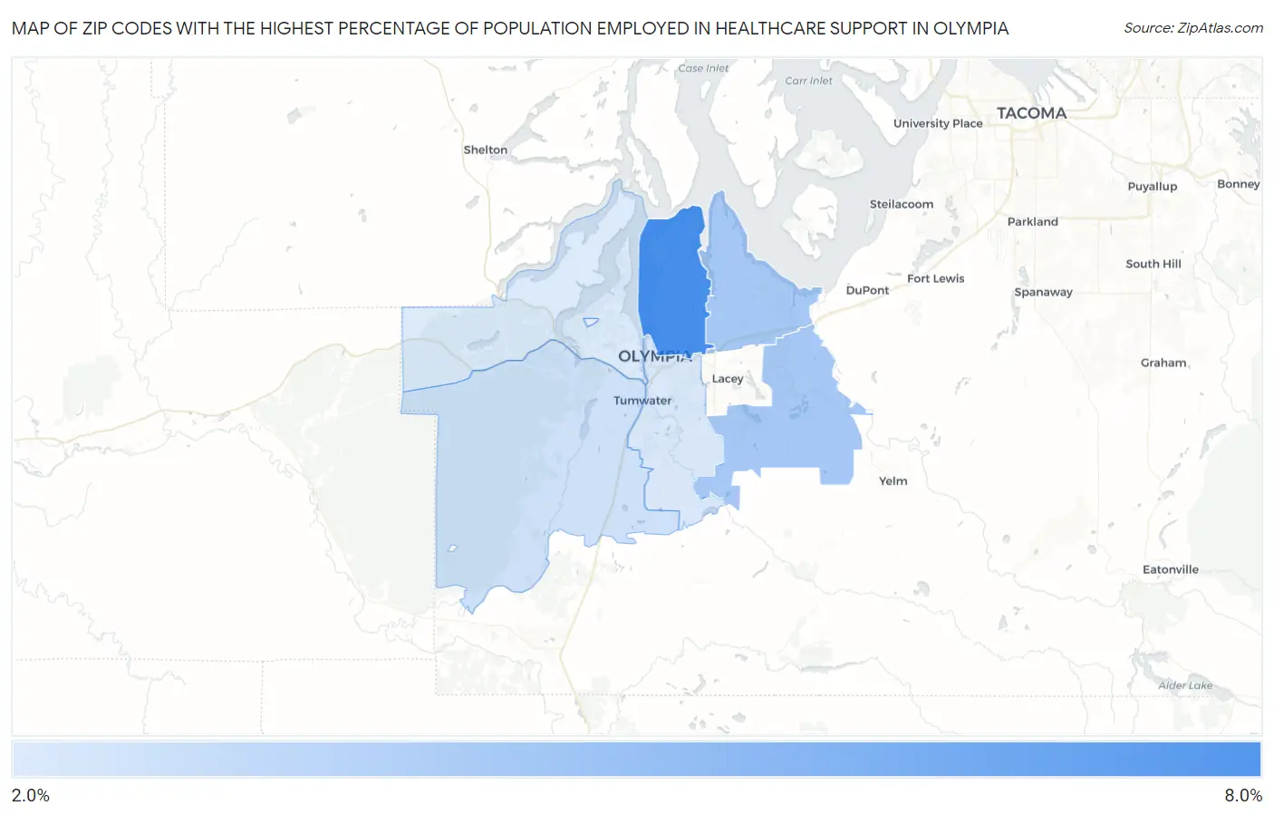Zip Codes with the Highest Percentage of Population Employed in Healthcare Support in Olympia Map