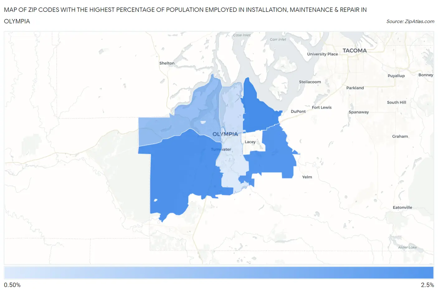 Zip Codes with the Highest Percentage of Population Employed in Installation, Maintenance & Repair in Olympia Map