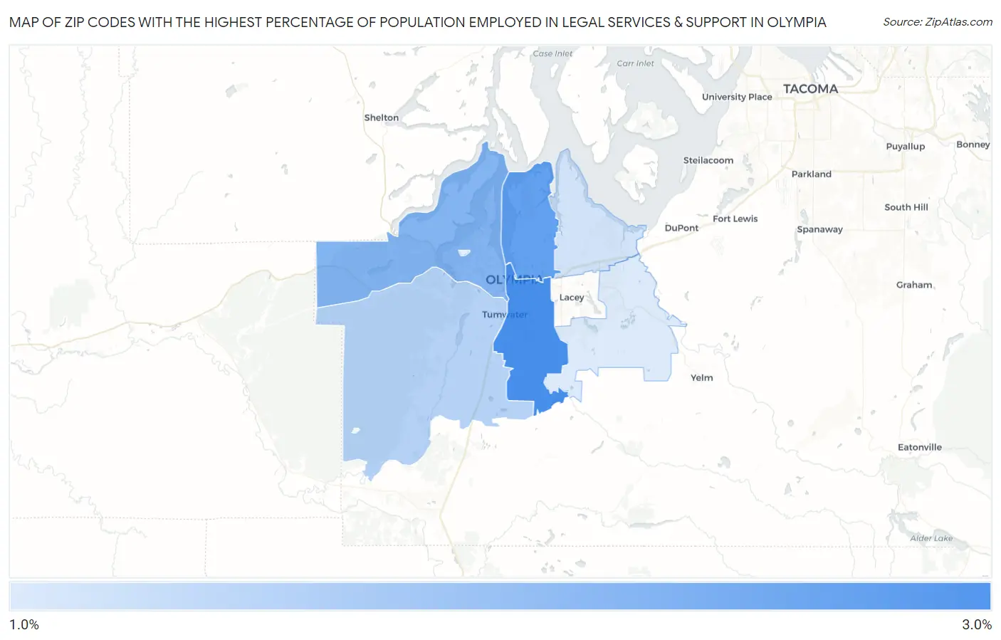 Zip Codes with the Highest Percentage of Population Employed in Legal Services & Support in Olympia Map
