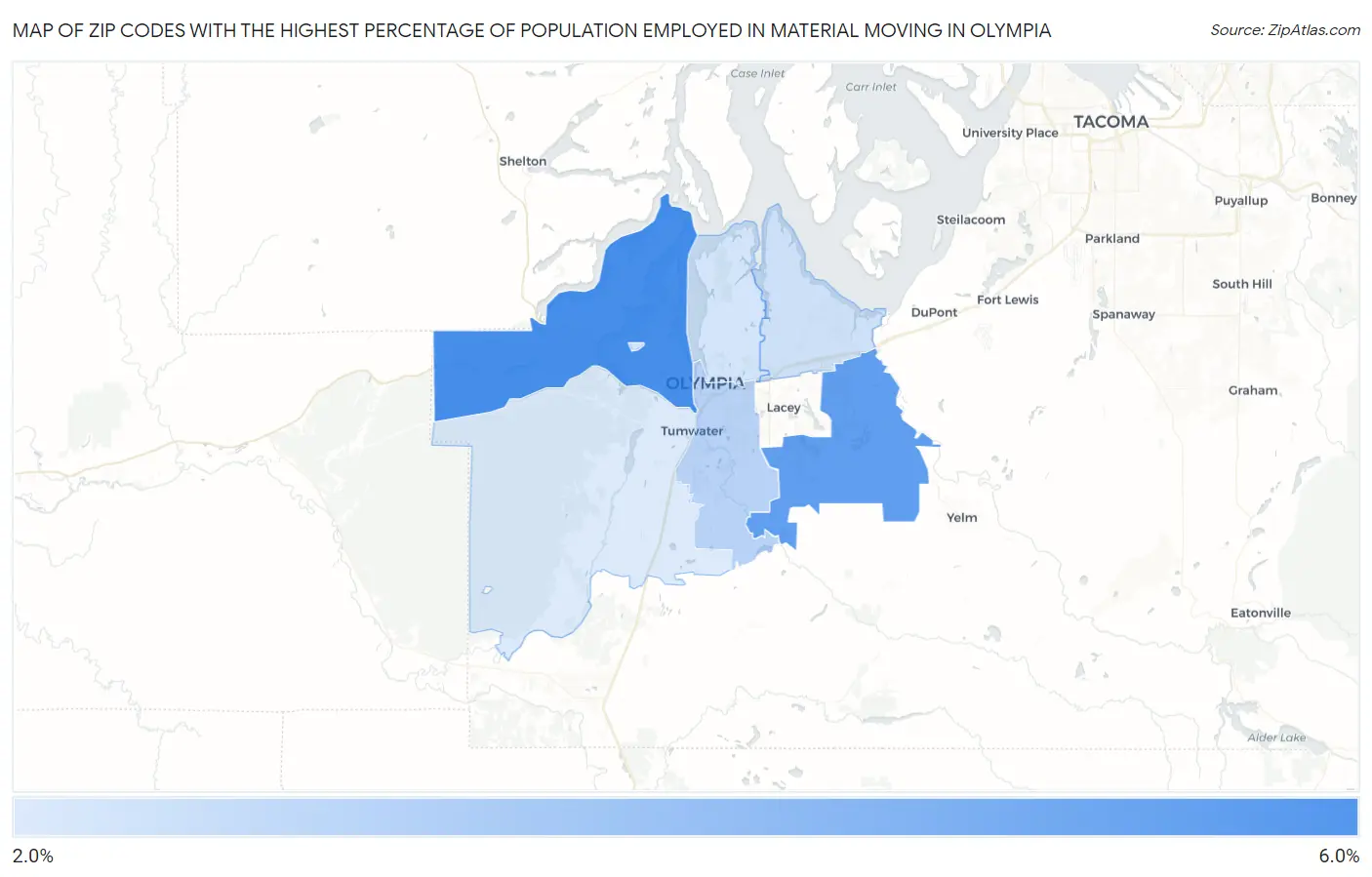 Zip Codes with the Highest Percentage of Population Employed in Material Moving in Olympia Map