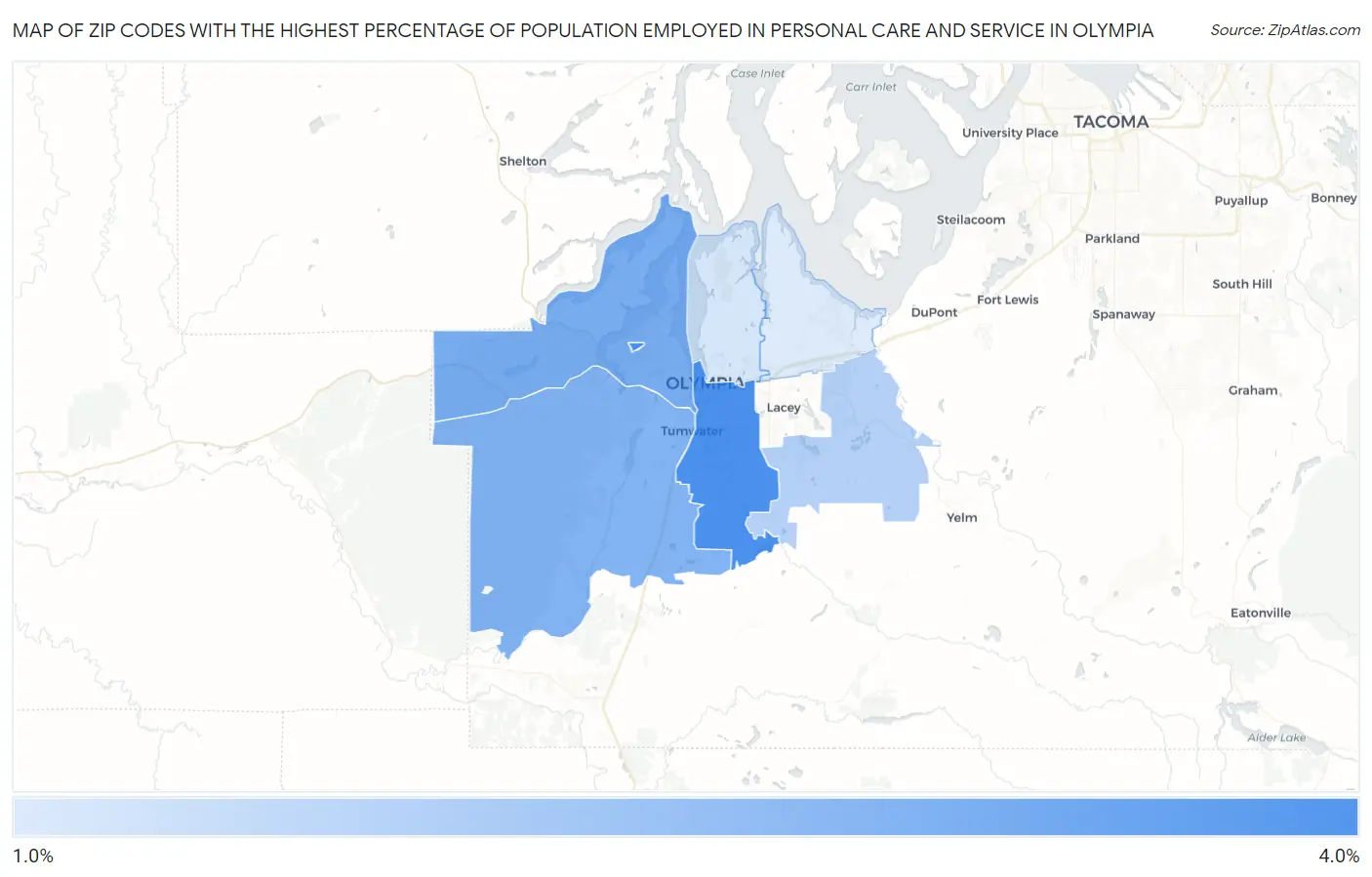 Zip Codes with the Highest Percentage of Population Employed in Personal Care and Service in Olympia Map