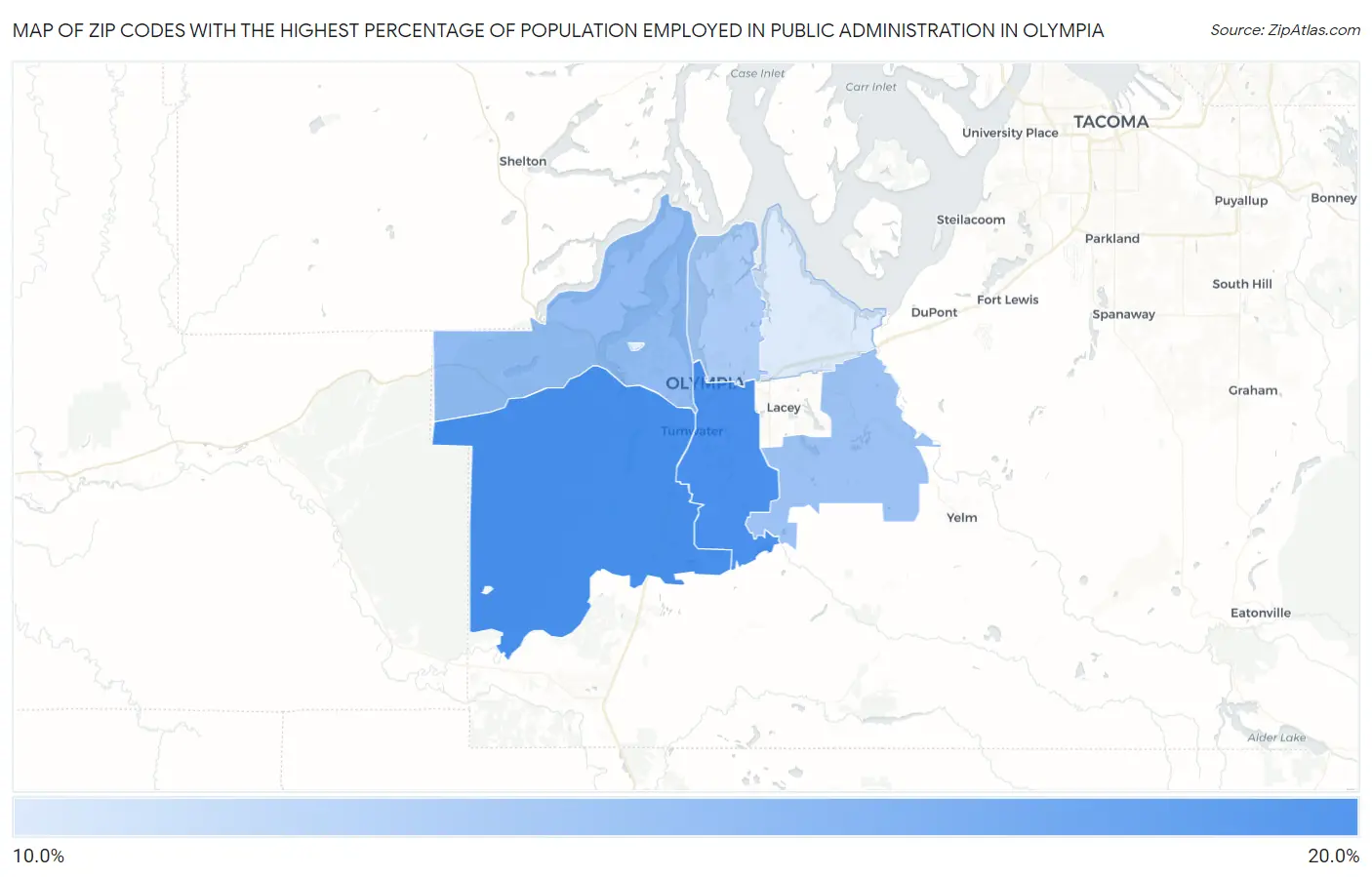 Zip Codes with the Highest Percentage of Population Employed in Public Administration in Olympia Map
