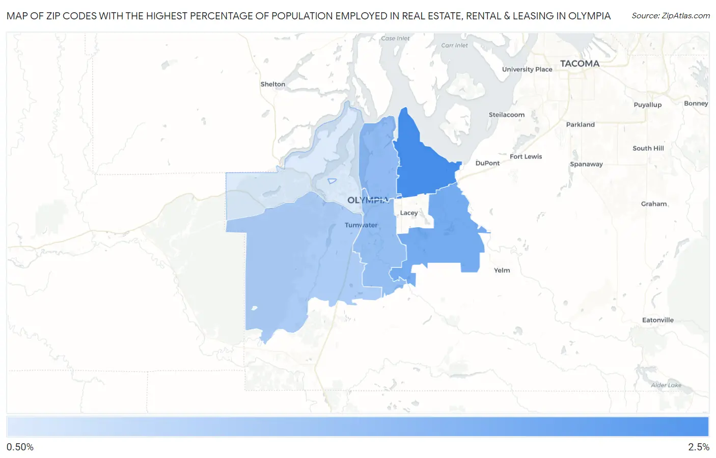 Zip Codes with the Highest Percentage of Population Employed in Real Estate, Rental & Leasing in Olympia Map