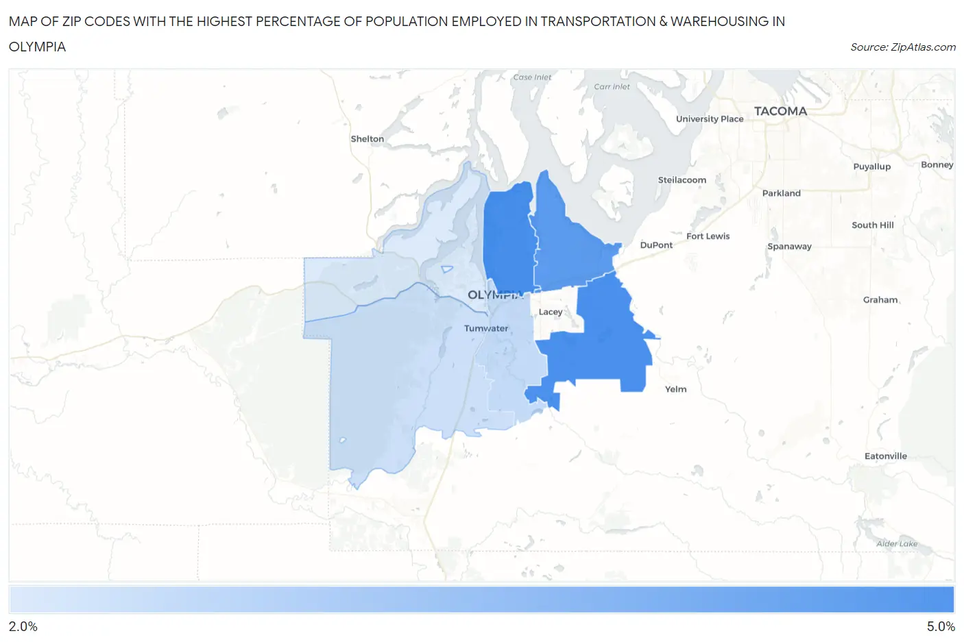 Zip Codes with the Highest Percentage of Population Employed in Transportation & Warehousing in Olympia Map