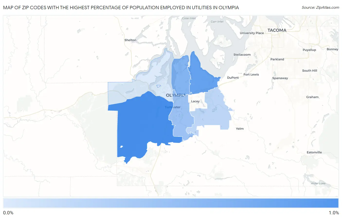 Zip Codes with the Highest Percentage of Population Employed in Utilities in Olympia Map